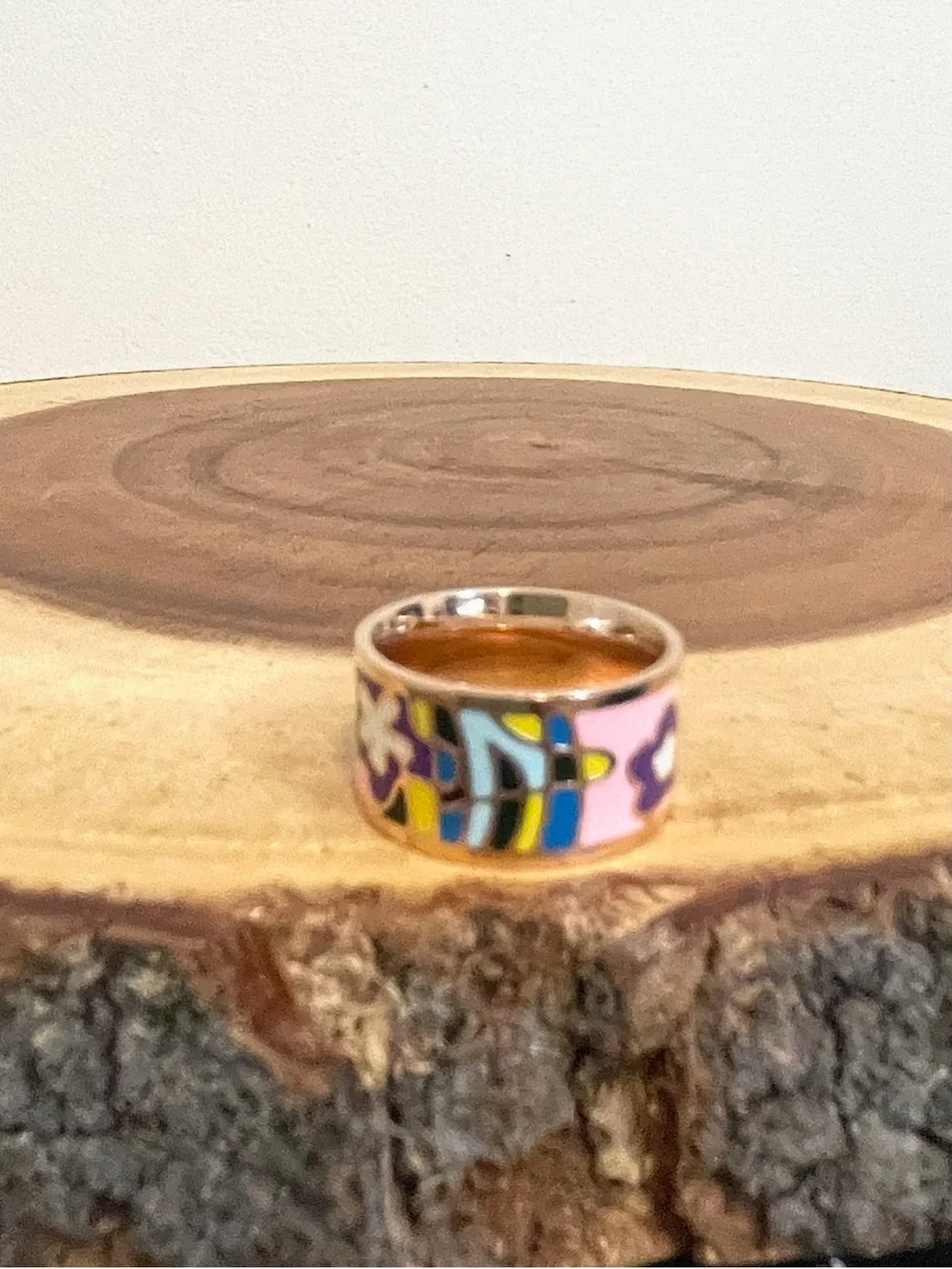 Colorful Enamel Rose Gold Filled Abstract Floral Retro Wide Band Ring NWOT